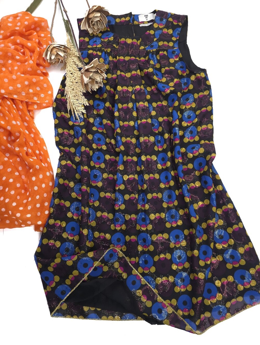 Anna Sui Black Dress with Blue, Purple & Yellow Dot Print Sz M
